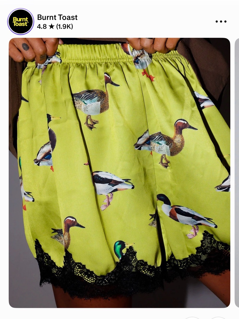 Lime Green Duck-Print Lace-Trim Mini Shorts